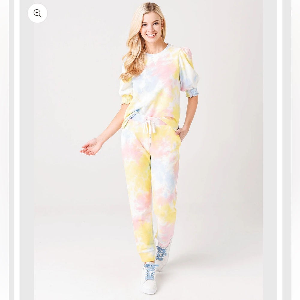 Revolve Saylor Tie Dye Cozy Pastel Lounge Set Puff‎ Sleeve Sweatshirt Joggers L